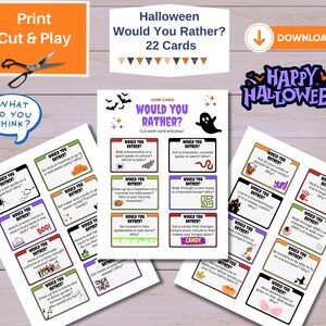 Karty do druku na Halloween „Czy wolałbyś?” – zabawna gra imprezowa, zajęcia w klasie, interaktywna zabawa dla dzieci, cyfrowe pobieranie do druku