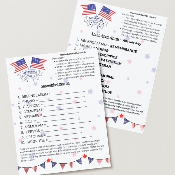 Memorial Day Word Scramble, Family Gathering Puzzle, Activity for all Ages, Celebrate the Meaning of Memorial Day, Interactive Worksheet