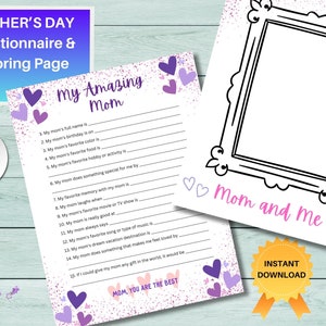 Moederdagcadeau, gepersonaliseerd voor moeder, vragenlijst over moeder, moeder en ik tekenen, leuke kinder-/familieactiviteit, digitale download, afdrukbaar