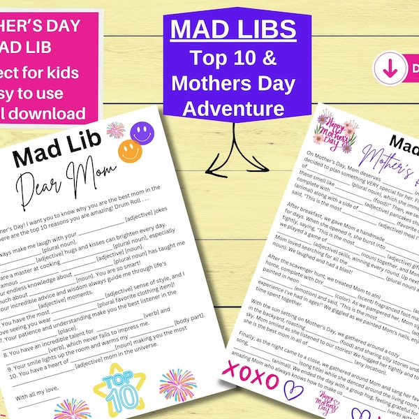 Mother's Day Mad Libs, Gift for Mom, Perfect for Kids, Story Bundle, Family/Class Activity, Creative & Funny, Digital Download, Printable