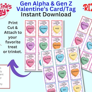 Gen Alpha & Gen Z Valentine Cards, 27 Teen Slang Printable Tags, Valentine Exchange, Class Parties, Tween Treats or Gifts, Digital Download