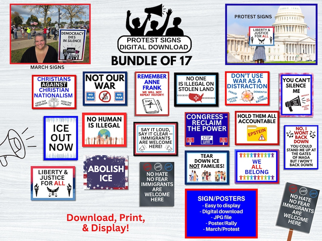 Placards For Rally Protest Sign Bundle Printable (17 Designs), Anti War Posters, No Kings ...