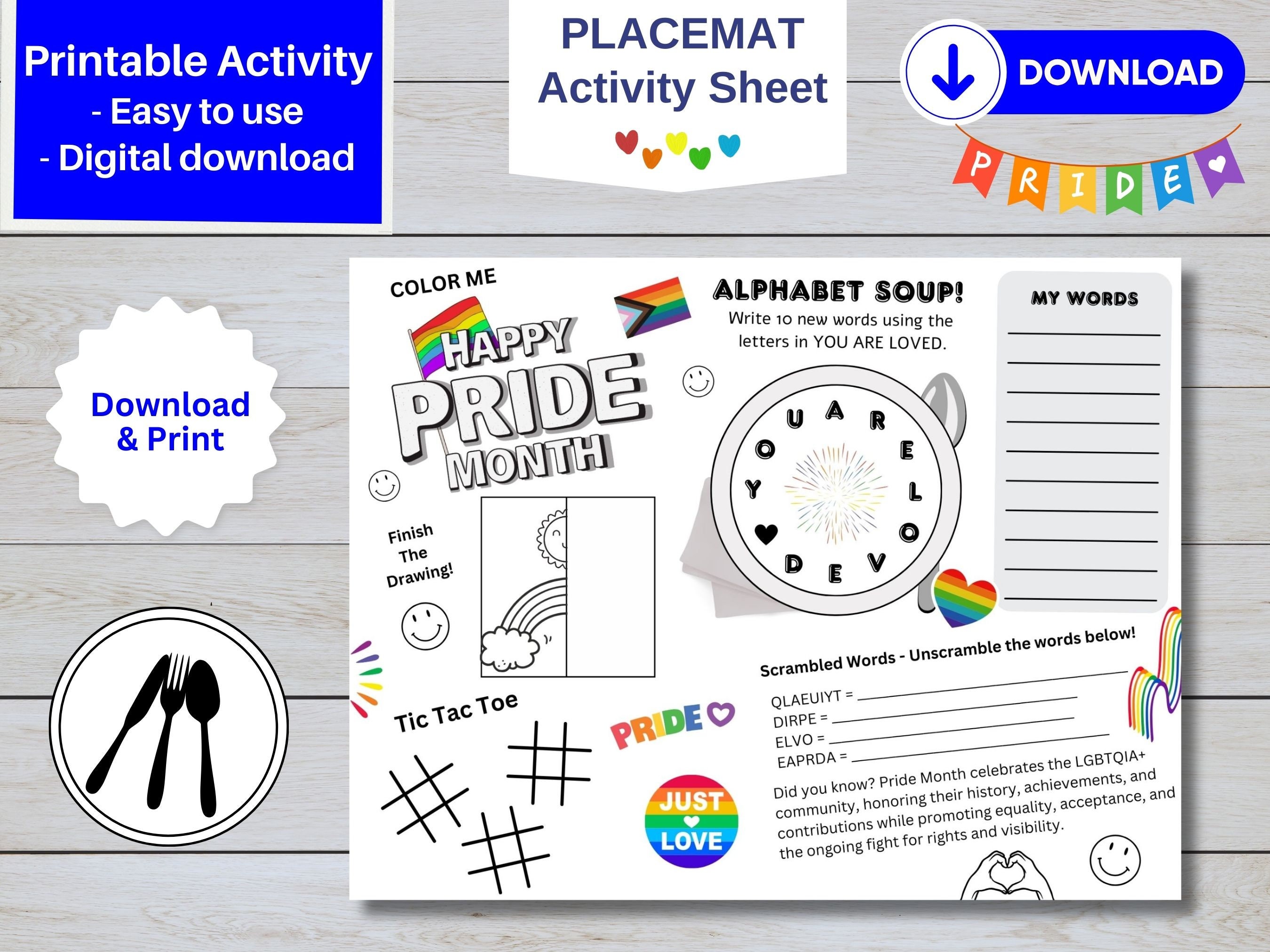PRIDE Placemat, Kids Activity Table Mat, Craft Activity Page, Love Wins ...