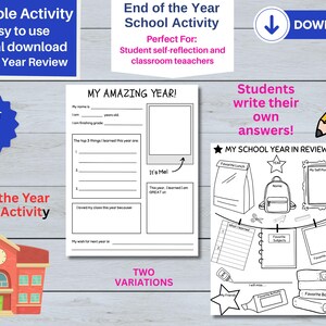 Könnte beinhalten: Druckbare Schulaktivität zum Jahresende mit zwei Varianten. Enthält Ausfüllseiten zur Selbstreflexion der Schüler. Enthält eine Schulhausillustration, einen Bleistift und den Text "My Amazing Year!" und "My School Year in Review."