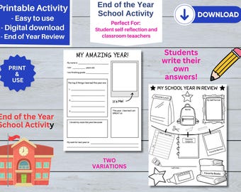 Afdrukbare reflectieactiviteit voor eindejaarsstudenten, overzicht van mijn schooljaar, zelfreflectiewerkblad, aandenken aan de klas, digitale download