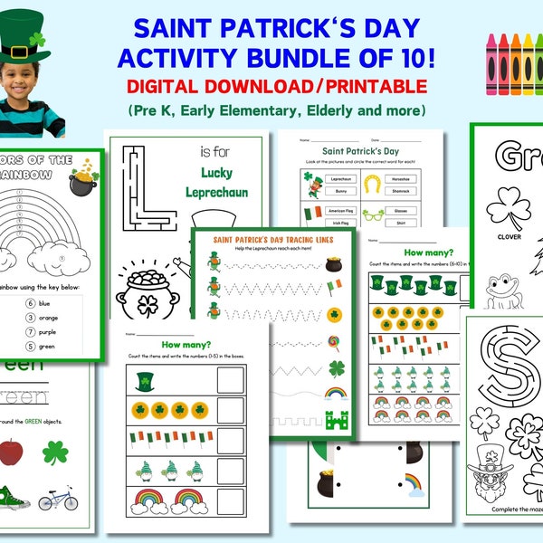 St. Patrick's Day Fun for Learners: PreK & Early Elementary Worksheet Bundle, Pack of 10, Skill Builder, Teacher Resource, Digital Download
