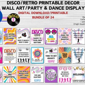 Arte de pared imprimible con temática de discoteca retro, ambiente vintage funky, decoración de fiesta de los años 70, póster con temática de discoteca bailable, carteles de clase, descarga digital, juego de 24
