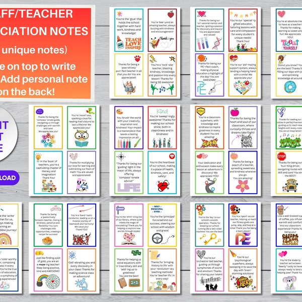 Staff & Teacher Appreciation Notes, Thank You Card Bundle, School Employee Gratitude, Educator Recognition, Digital Download, Printable