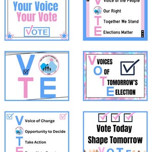 Può includere: Sei poster colorati con la parola "VOTE" in grandi lettere. Ogni poster ha un messaggio diverso sul voto, come "La tua voce, il tuo voto", "Voce del popolo" e "Voci delle elezioni di domani".