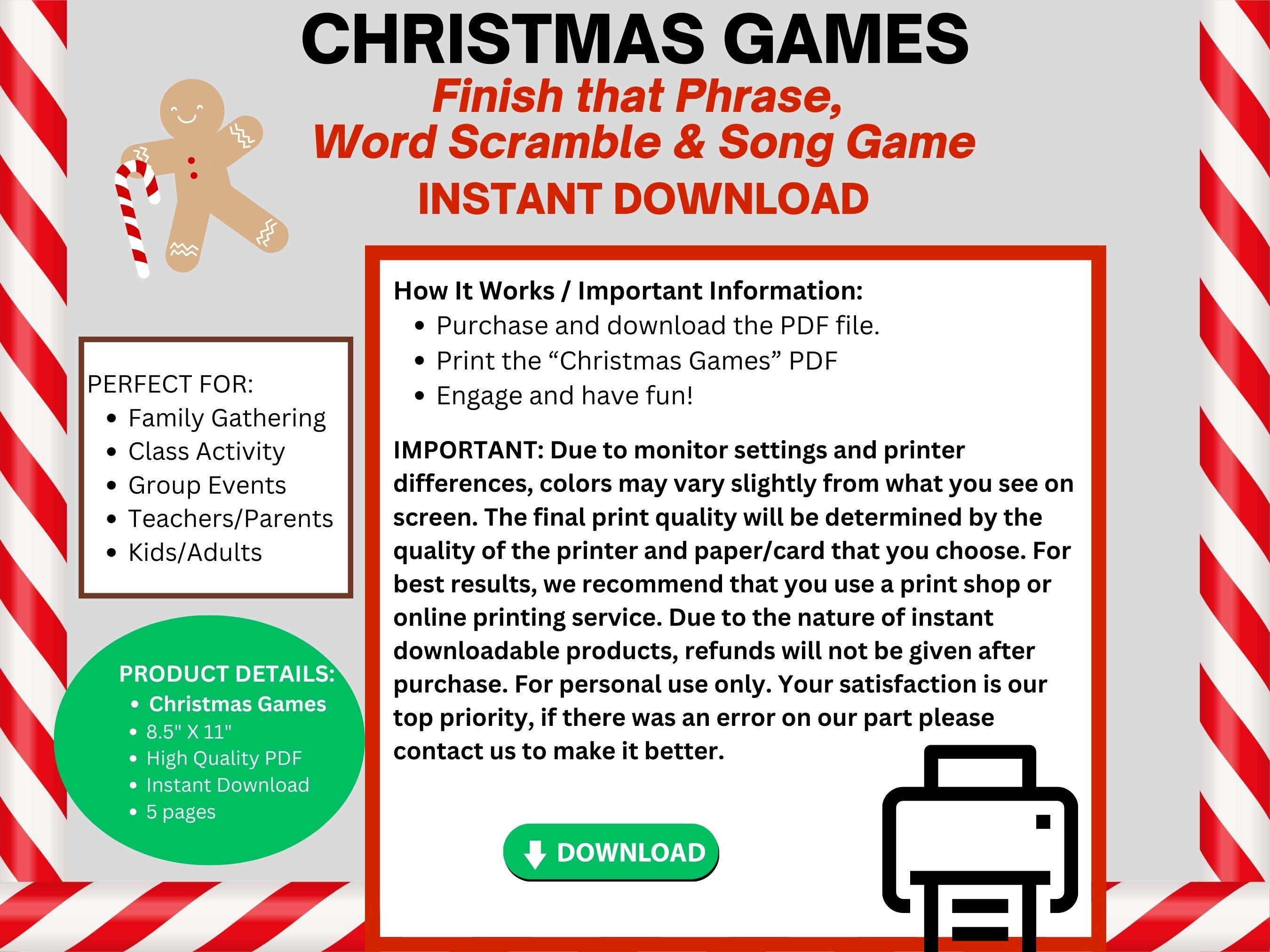Christmas Games Bundle Instant Download, Finish That Phrase, Christmas