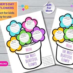 Puede incluir: Manualidad para el Día de la Madre imprimible para niños. El imprimible presenta una maceta con cinco flores. Cada flor tiene un espacio en blanco para que los niños escriban sobre su madre. El texto en el imprimible dice "La flor más hermosa" y "Mamá".