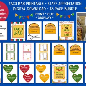 Può includere: Un set di 18 carte di apprezzamento per il personale a tema taco stampabili. Le carte presentano vari design con frasi come "You are Spec Taco Lar" e "Let's Taco 'Bout How Much We Appreciate You".
