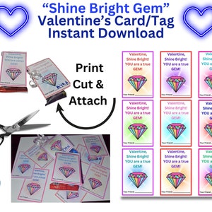 Shine Bright Gem Valentine’s : Téléchargement numérique pour les friandises pour enfants, Classroom Valentine Treat Imprimable, Message positif, Candy /Snack Label
