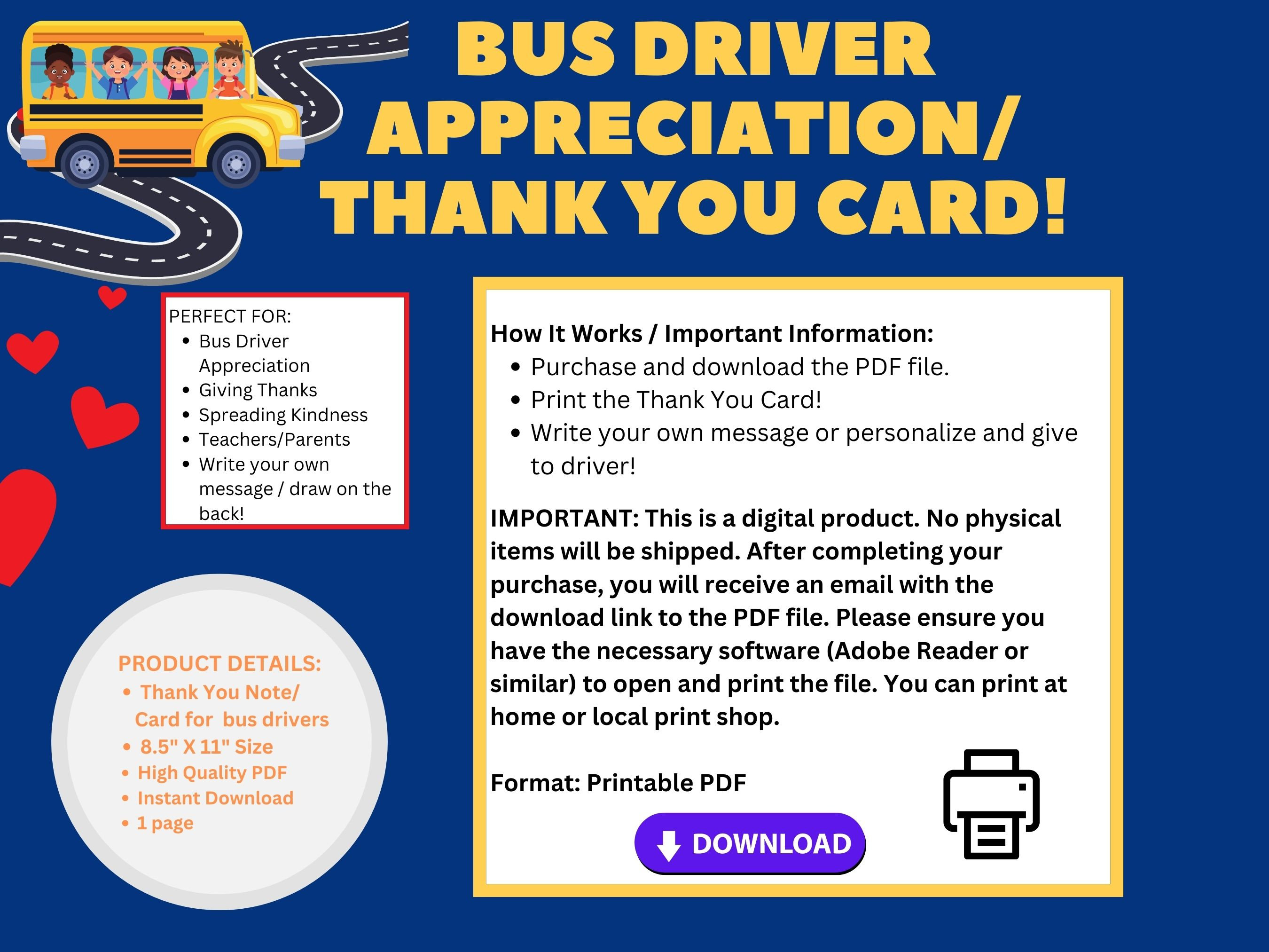 Cute School Bus Driver Appreciation Note/ Thank You Card, Class