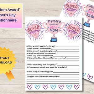 Questionário do "Prêmio de Melhor Mãe" do Dia das Mães, Criar Memórias, Lembrança, Presente Personalizado, Tudo sobre a Mãe, Download Instantâneo, Para Impressão,
