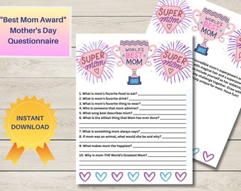 Mother's Day "Best Mom Award" Questionnaire, Create Memories, Keepsake, Personalized Gift,  All about Mom,  Instant Download, Printable,