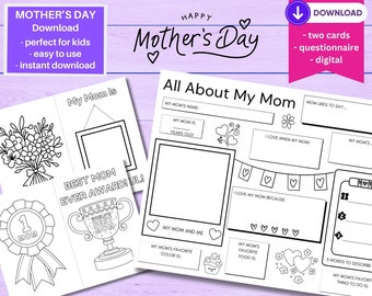 All About My Mom, Mother&#39;s Day Gift, Questionnaire, Personalize, Card for Mom, Kid Activity Page, Coloring Sheet, Digital Download/Printable