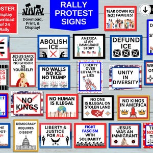 May include: A collection of 24 protest signs with various messages, including "Abolish ICE," "No Walls, No ICE, No Trump," and "Diversity is Our Strength." The signs are in red, white, blue, and yellow.
