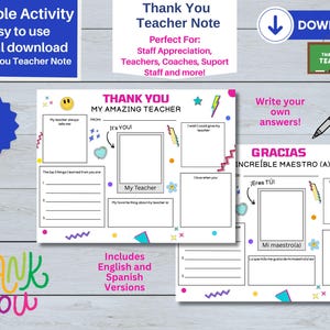 Danke, dass Sie Lehrer Personal Notiz - druckbare Aktivität (englische und spanische Versionen), Geschenk für den Lehrer, Jahresende, digitaler Download