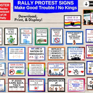 May include: A set of 26 digital protest signs with slogans such as "Love is a Human Right," "We Are a Nation of Immigrants," and "Healthcare is a Human Right." The signs are designed for easy display and are available as a digital download.