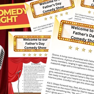Puede incluir: Un guion imprimible para un espectáculo de comedia del Día del Padre con instrucciones para montar un escenario, asignar roles a los niños y animarlos a contar chistes. El guion incluye un mensaje de bienvenida, una descripción de la escena y un chiste de muestra.