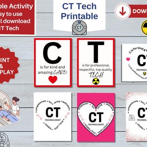 May include: Printable activity for CT Techs.  The printable includes a CT Tech alphabet poster with the letters C and T, a CT Tech definition poster, and a CT Tech word search puzzle.  The posters are in red, white, and black with a pink heart and a radiation symbol.