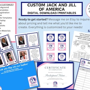 May include: Digital download printables for Jack and Jill of America, featuring customizable templates. Includes voting ballots, certificates, and educational materials. The image showcases various design samples with text and images.