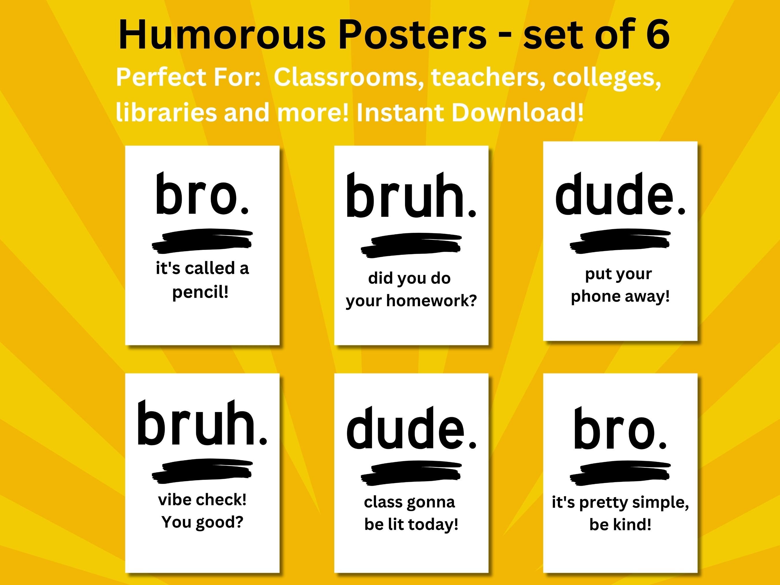 Bro, Bruh, Dude Classroom Posters, Educational Humor, Classroom Vibe/Decor, Library Print Art, High School Humor, Instant Download