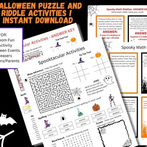 May include: A set of printable Halloween-themed activity sheets for kids. The sheets include a maze, word search, spelling activity, tic-tac-toe game, and math riddles. The sheets are black and white with orange and purple accents.