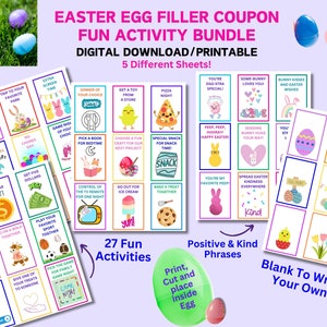 Coupons de remplissage d'oeufs de Pâques, billets de chasse, cadeaux pour panier/cartes de Pâques, joie de répandre, variété de coupons, téléchargement numérique, imprimable