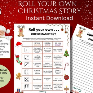 May include: A printable Christmas story game with a red background and a reindeer illustration. The game includes a grid with three columns: character, setting, and conflict. Each column has six options to choose from. The game is perfect for family gatherings, class activities, storytelling, and more.