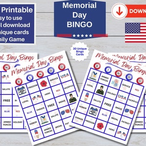 Memorial Day Bingo - 30 Unique Printable Bingo Cards