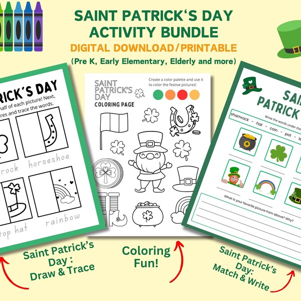 St. Patrick's Day Preschool Activities, Early Elementary, Tracing, Coloring, Writing and Matching, Homeschool, Holiday Fun, Digital Download