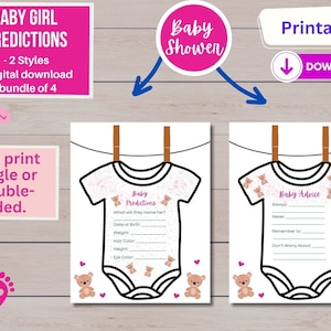 Baby Shower/jeu d'arrosages, prédictions et conseils pour bébé, activité de fête, fête de naissance de petite fille, deux styles de grenouillères, téléchargement numérique, imprimable