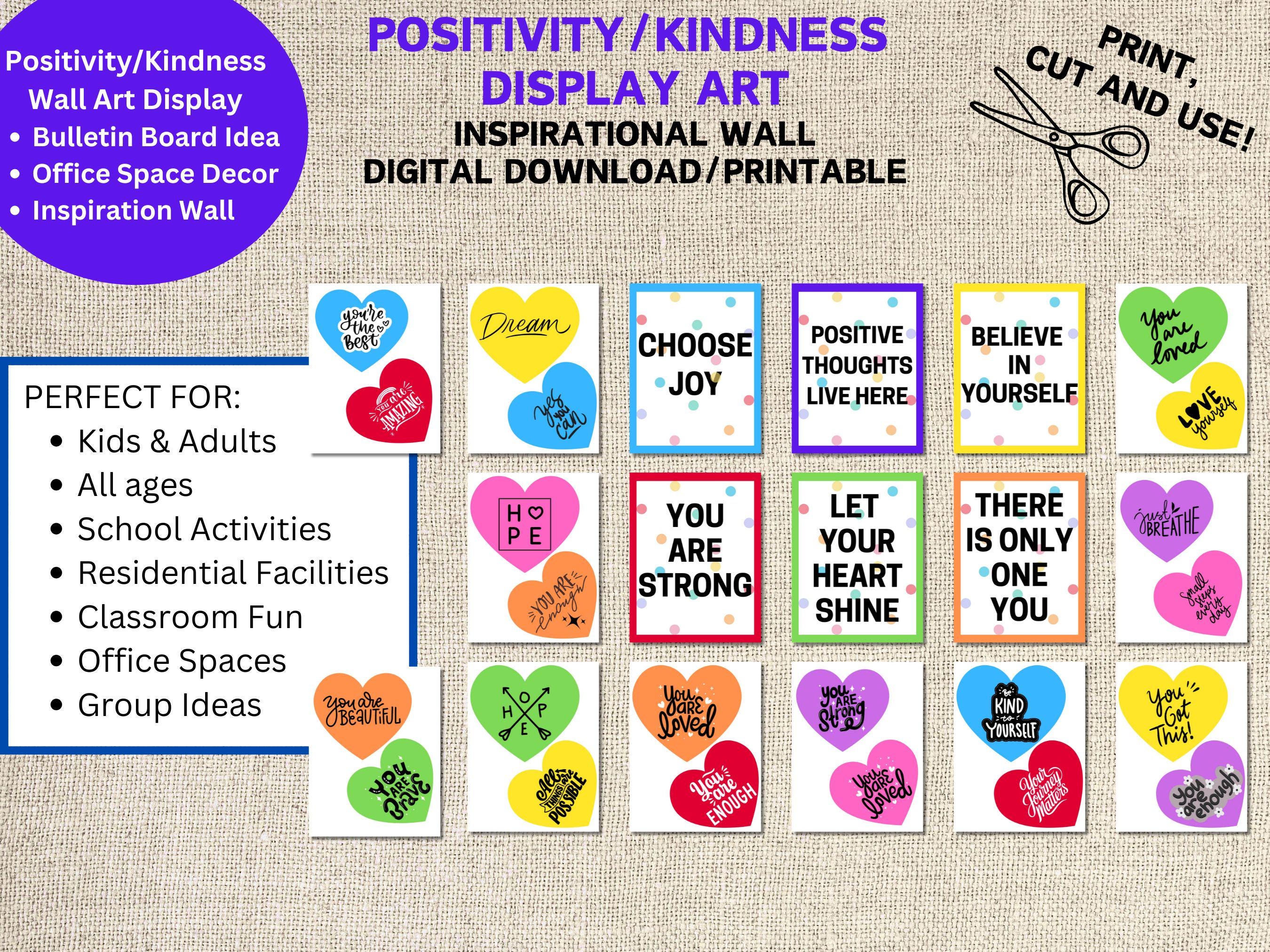 Kindness & Positivity Wall Art Printable, Heart Display, Bulletin Board ...