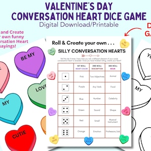 Jogo de dados de coração para conversação - role e crie uma mensagem engraçada de coração, atividade de classe, diversão no dia dos namorados, encontro noturno, tempo para a família, digital