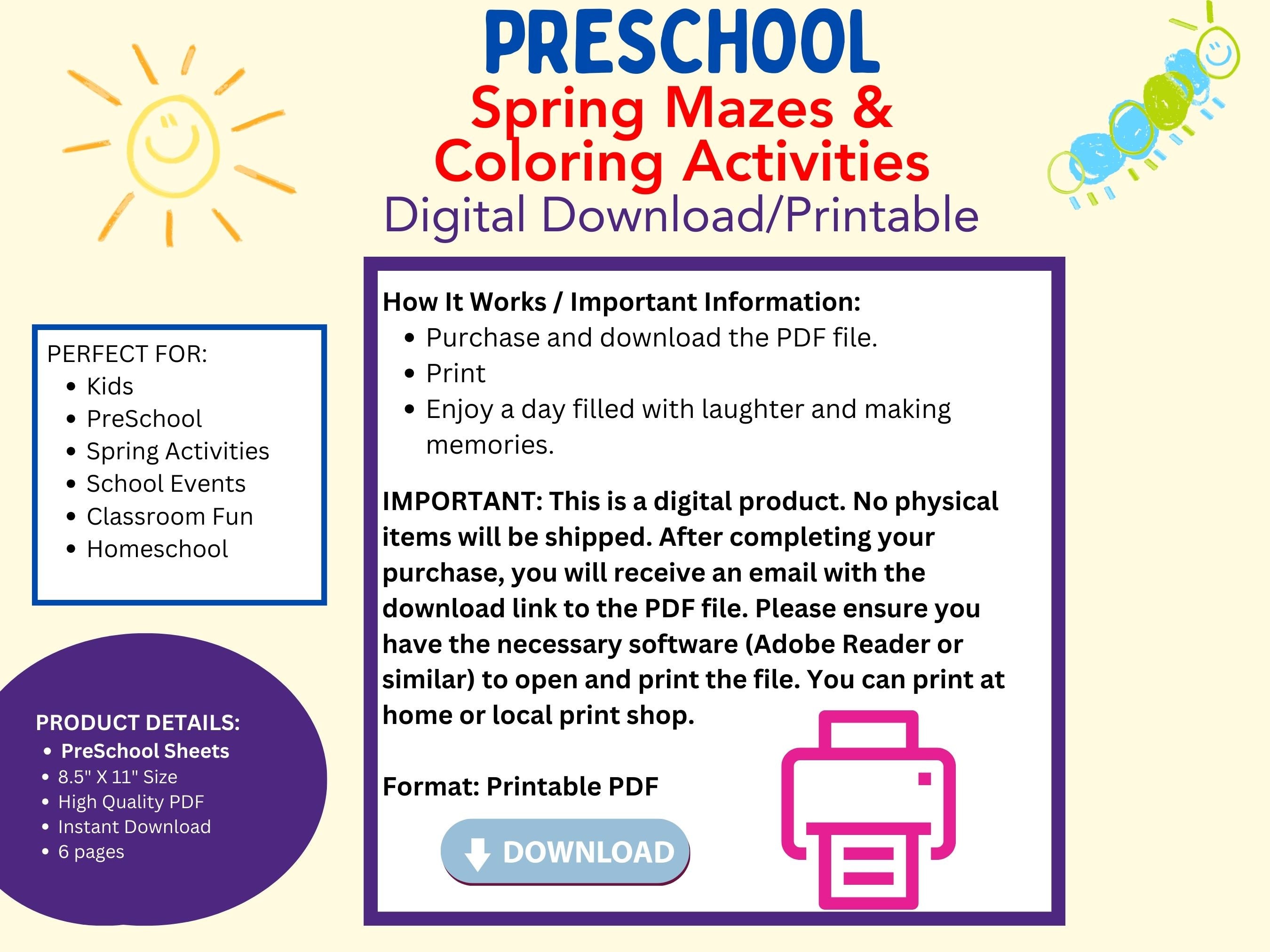 Springtime Maze Preschool Maze and Coloring, Springtime Activities, Educational Bundle ...