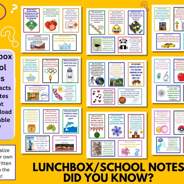 Bundle of 45 Printable Fun Facts/Did You Know? Kid's lunchbox notes, Ice-Beaker, Classroom Fun, Group & Camp Activities, Instant Download