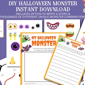 DIY モンスター作成バンドル、40 種類のモンスター特性を含む、教室パーティー、子供向けハロウィーン アクティビティ、クリエイティブ ライティング プロンプト、即時ダウンロード