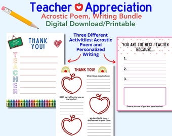 Teacher Appreciation Week, Thank You Note, End Of The Year Gift, Acrostic Poem, Personalized Gift, Bundle, Digital Download, Printable