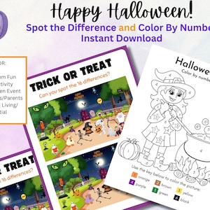 May include: A printable Halloween activity for kids. The activity includes a "Trick or Treat" game with 16 differences to spot and a color-by-number page featuring a witch stirring a cauldron. The color-by-number page includes a key with six colors: orange, purple, brown, yellow, green, and black.