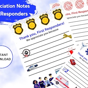 Eerste responder bedankbriefjes - Direct downloaden & afdrukken, politie, EMS, brandweerlieden, dank geven in uw gemeenschap, kind geïnspireerd, wees aardig