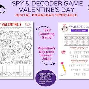 Puede incluir: Un juego imprimible de I Spy y Code Breaker para el Día de San Valentín. El juego I Spy presenta una ilustración en blanco y negro con varios iconos temáticos del Día de San Valentín. El juego Code Breaker presenta un pingüino, una rana, un volcán y un lápiz con un chiste del Día de San Valentín.