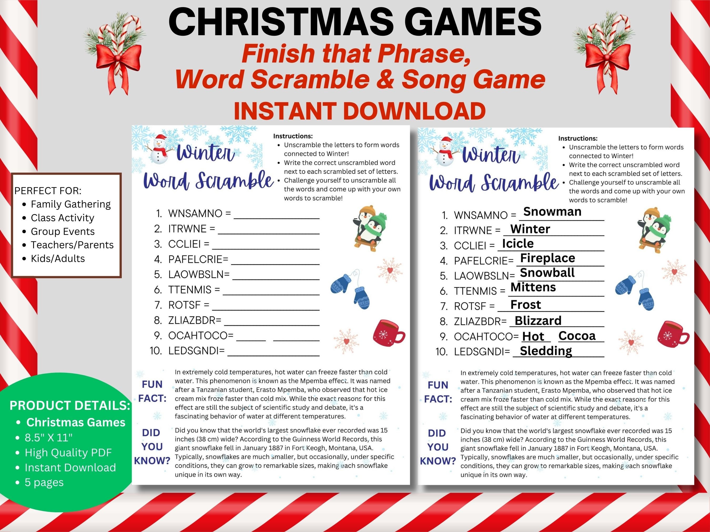 Christmas Games Bundle Instant Download, Finish That Phrase, Christmas