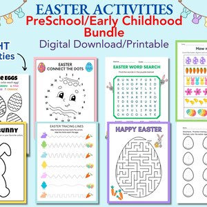 May include: Eight printable Easter activity sheets for preschoolers. The sheets include activities such as colouring eggs, connecting the dots, tracing lines, a word search, a maze, and counting objects.