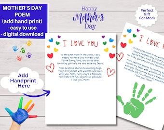 Personalized Handprint Gift for Mom, Keepsake Mother&#39;s Day Gift, Craft for Kids, Kids Artwork, Poem for Mom, Printable, Digital Download