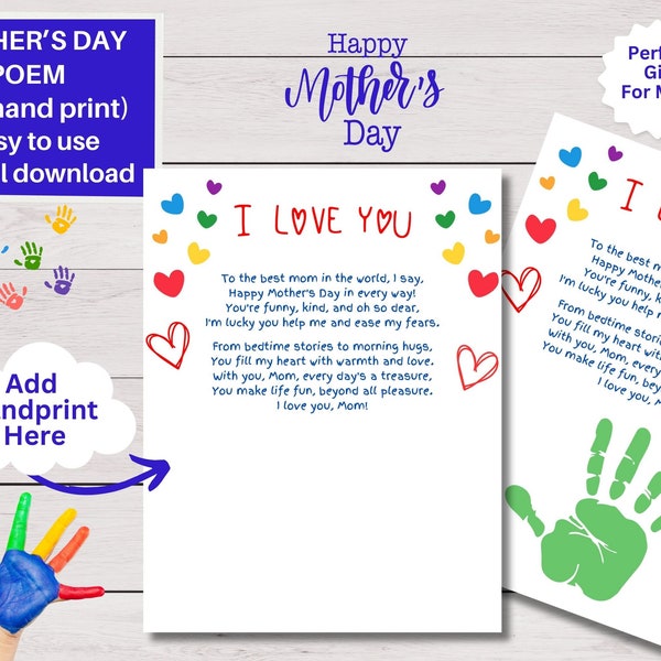 Personalized Handprint Gift for Mom, Keepsake Mother's Day Gift, Craft for Kids, Kids Artwork, Poem for Mom, Printable, Digital Download