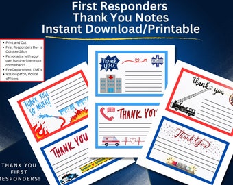 First Responders Thank You Notes, Hero Appreciation, Instant Download, Printable, National First Responders Day, Community/School Project