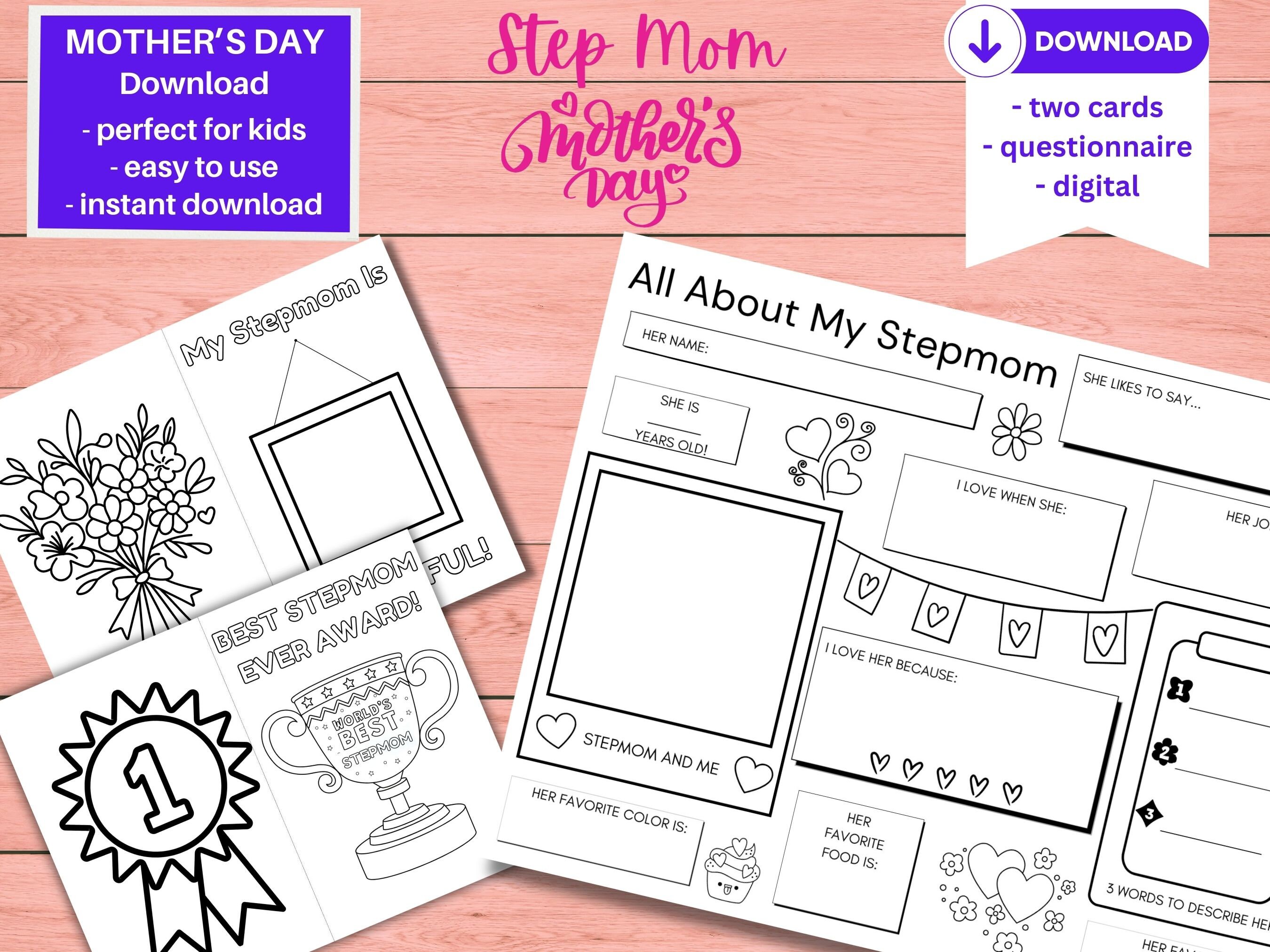All About My Stepmom, Mother's Day Gift, Personalized Card for Stepmom, Activity Page, Coloring Sheet, Bonus Mom, Digital Download/Printable