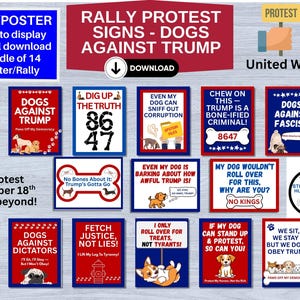 Può includere: Una collezione di 14 cartelli di protesta con il tema "Cani contro Trump". Ogni cartello presenta un messaggio unico e un'illustrazione di cane, con uno schema di colori rosso, bianco e blu. I cartelli sono disponibili come download digitale.